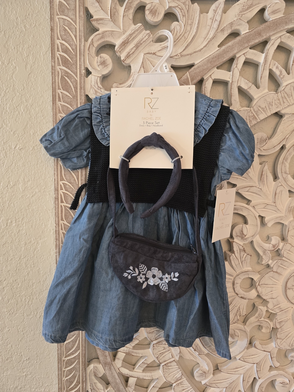 Rachel Zoe Navy and Denim Girls Dress Set with Headband & Floral Pouch